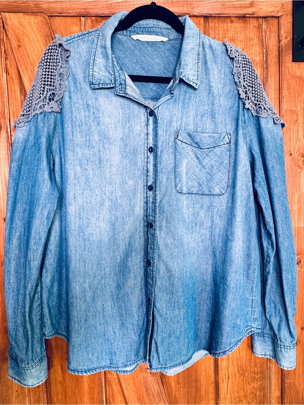 hippie laundry Light Blue Denim Button-Up with Crochet Shoulder